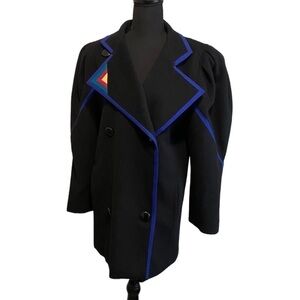 VTG Louis Feraud Double Brested Blue Trim Pea Coat | Size 10 | Puff Sleeve